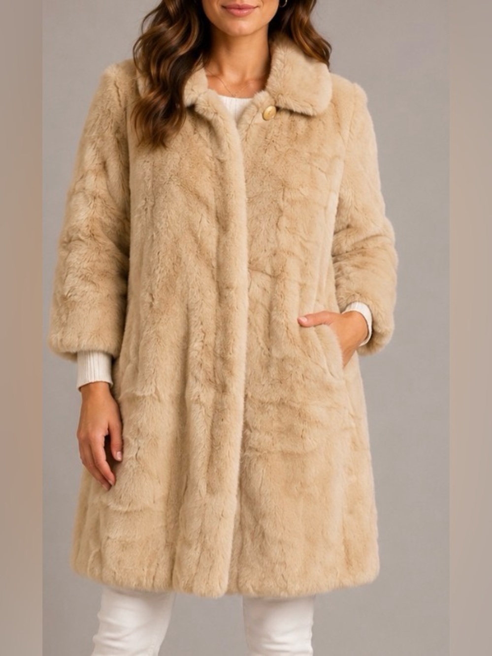 👀HP👀 Tissavel of France Women’s Vintage Long Faux Fur Coat in Cream Size Medium